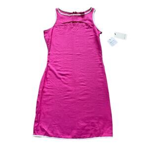 Pink Linen Dress Chest CutOut White Border Size XS Preppy Classy Derby Summer